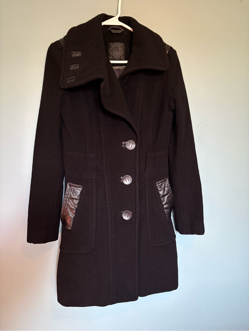 Rudsack wool blend coat winter womens XS leather trim detail